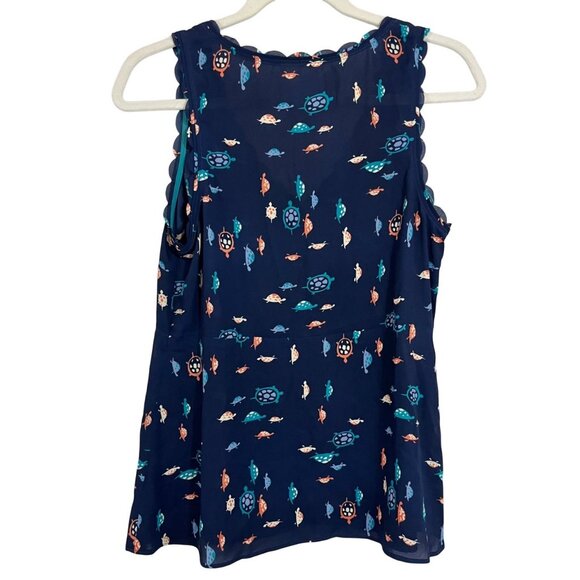 Anthropologie Maeve Navy Blue Turtle Print Scalloped Tank Top Novelty - Size 4 - Picture 2 of 6